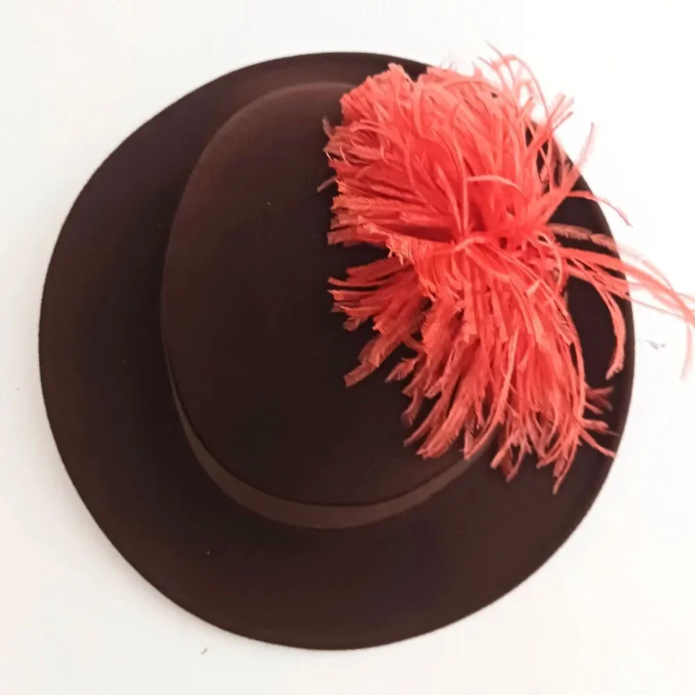VTG Miss Rose Brown Felt Wool Hat Orange Feather Plume Trim O/S